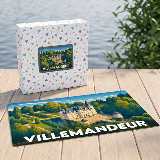 Puzzle souvenir de la ville de Villemandeur avec une illustration stylisée d'un château entouré de verdure.