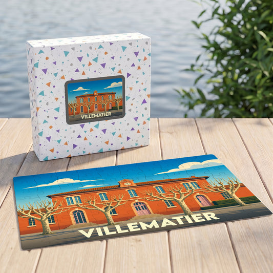 Puzzle souvenir de la ville de Villematier avec une illustration stylisée.