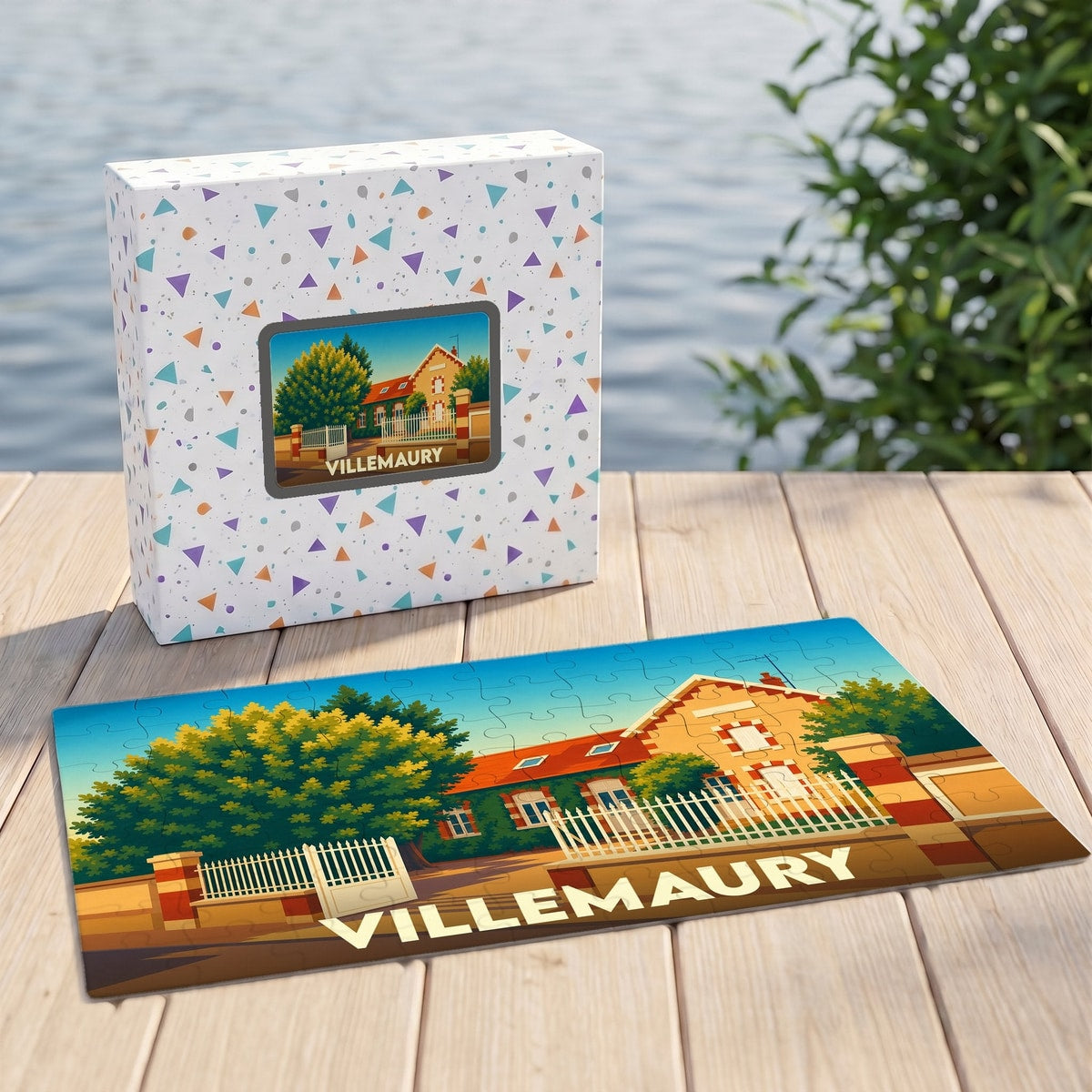 Puzzle souvenir de la ville de Villemaury avec une illustration colorée d'une villa.