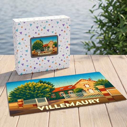 Puzzle souvenir de la ville de Villemaury avec une illustration colorée d'une villa.