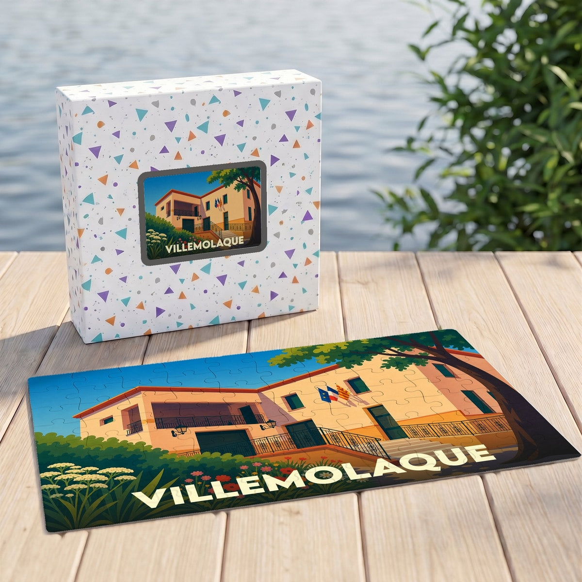 Puzzle souvenir de la ville de Villemolaque avec une illustration stylisée d'un bâtiment emblématique.