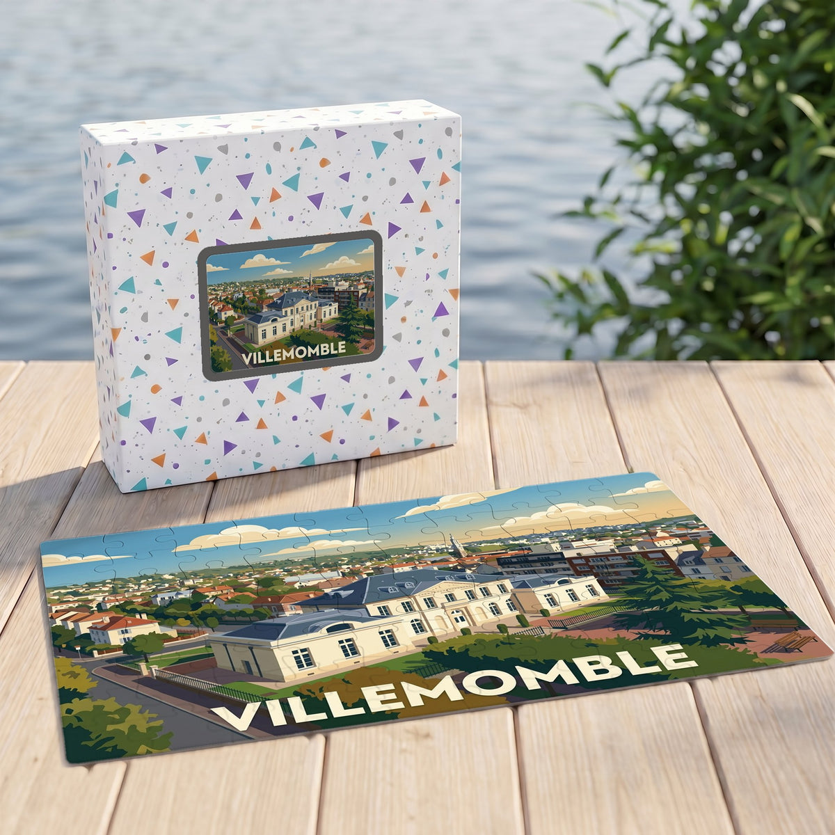 Puzzle souvenir de la ville de Villemomble avec une illustration stylisée du château seigneurial.