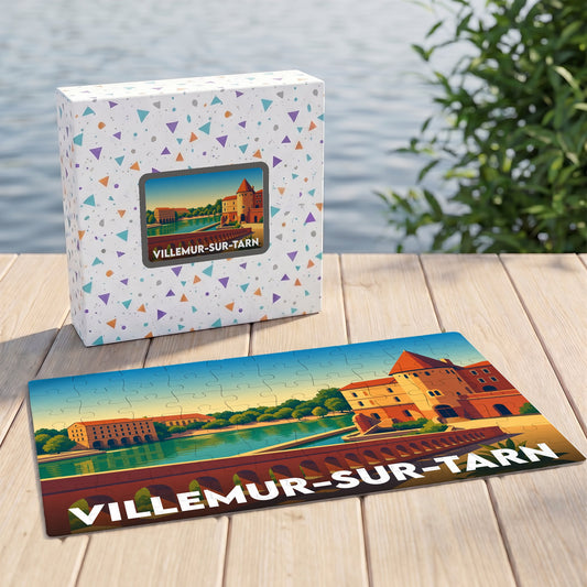 Puzzle souvenir de la ville de Villemur-sur-Tarn avec une illustration stylisée des bords du Tarn.