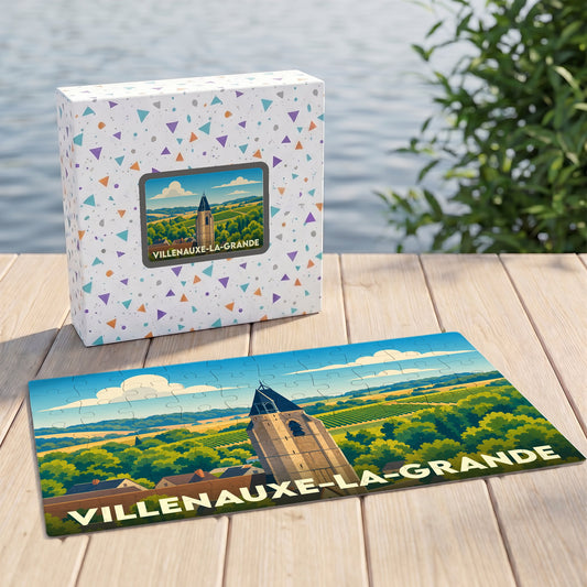 Puzzle souvenir de la ville de Villenauxe-la-Grande avec une illustration stylisée de son paysage et de son église.