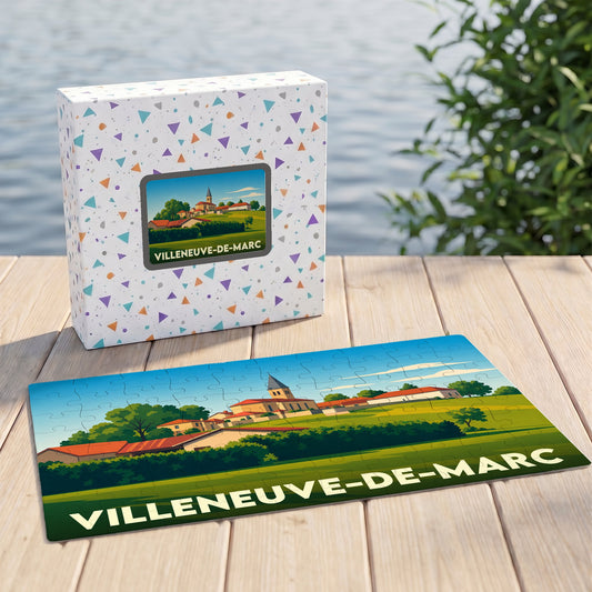 Puzzle souvenir de la ville de Villeneuve-de-Marc avec une illustration stylisée d'un paysage de campagne.