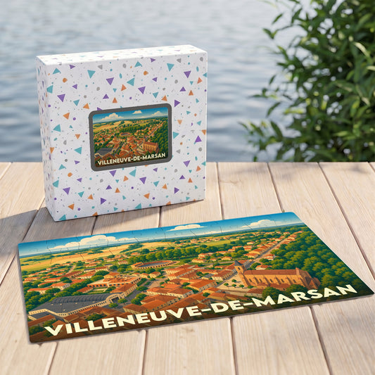 Puzzle souvenir de la ville de Villeneuve-de-Marsan avec une illustration aérienne colorée.