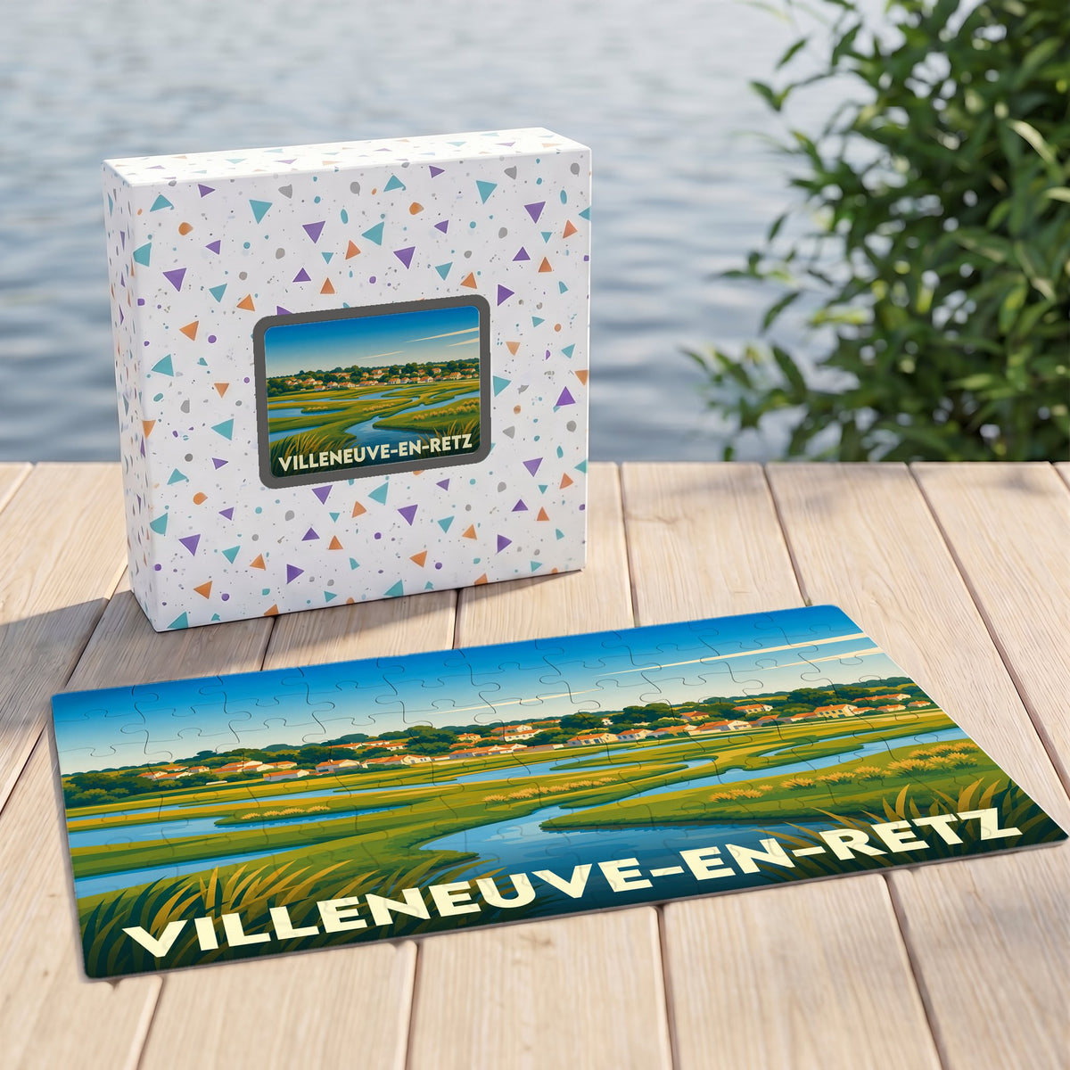 Puzzle souvenir de la ville de Villeneuve-en-Retz avec une illustration de paysage de marais.