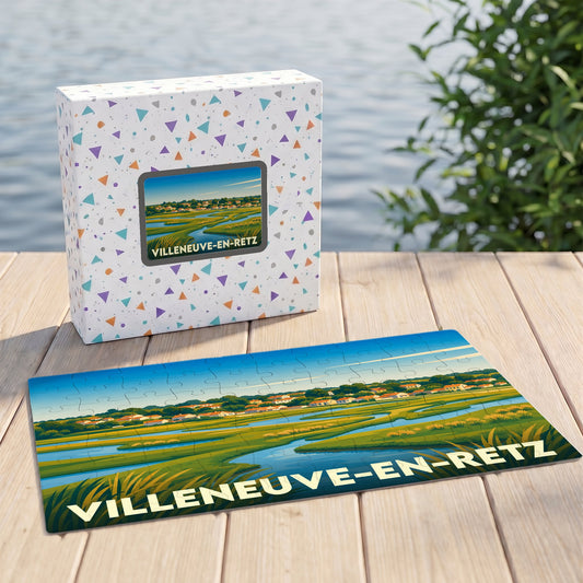 Puzzle souvenir de la ville de Villeneuve-en-Retz avec une illustration de paysage de marais.
