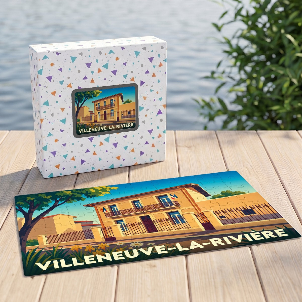 Puzzle souvenir de Villeneuve-la-Rivière représentant l'hôtel de ville dans un style illustration rétro.