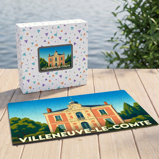 Puzzle souvenir de la ville de Villeneuve-le-Comte présentant une illustration stylisée de son hôtel de ville.