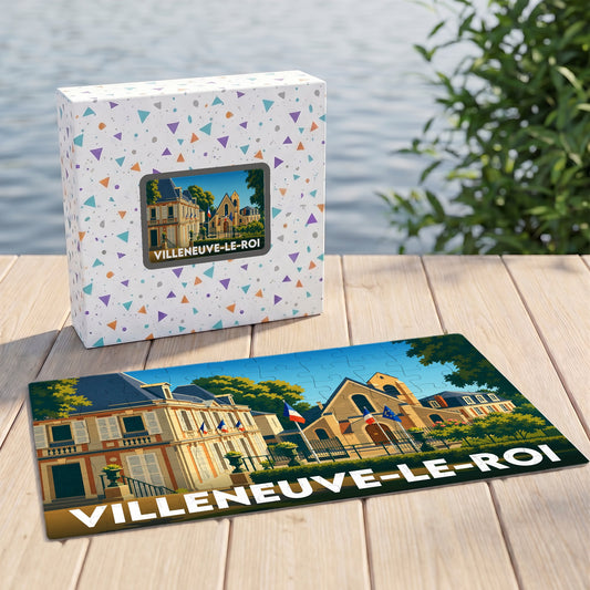 Puzzle souvenir de la ville de Villeneuve-le-Roi avec une illustration stylisée d'un bâtiment historique et de drapeaux.