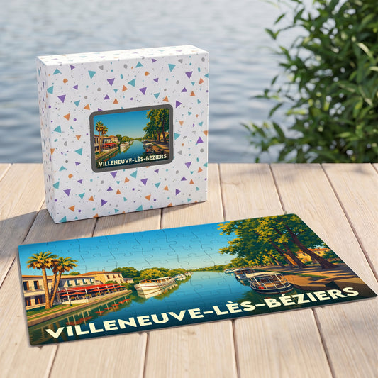 Puzzle souvenir de la ville de Villeneuve-lès-Béziers illustrant le Canal du Midi dans un style graphique rétro.