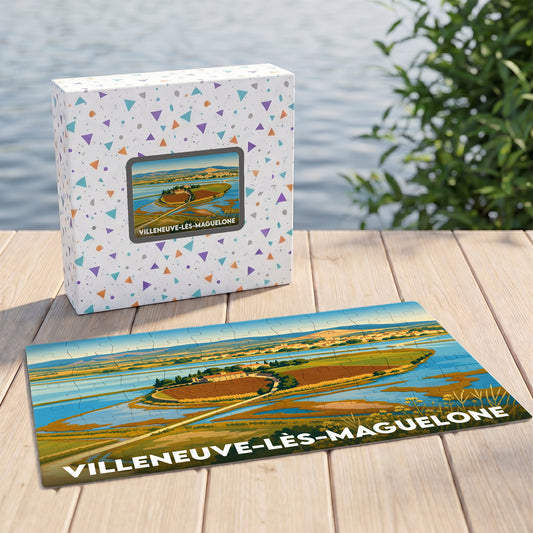 Puzzle souvenir de la ville de Villeneuve-lès-Maguelone avec une illustration stylisée de son paysage côtier.