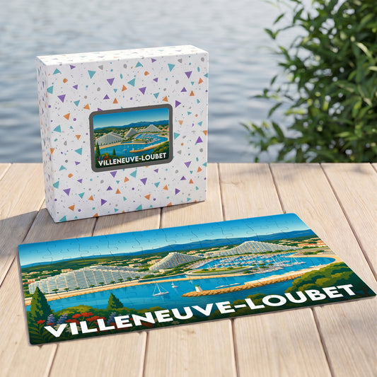 Puzzle souvenir de la ville de Villeneuve-Loubet avec une illustration stylisée de son port et de son architecture emblématique.