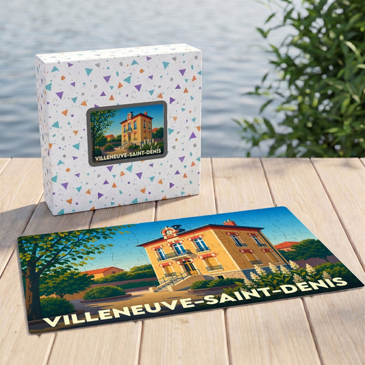 Puzzle souvenir de la ville de Villeneuve-Saint-Denis avec une illustration stylisée de sa mairie.