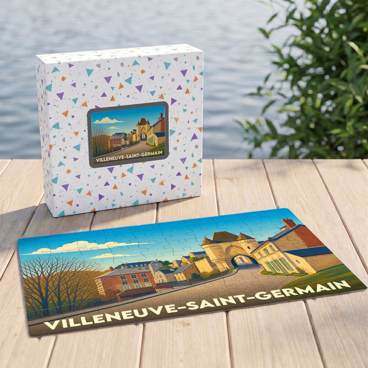 Puzzle souvenir de la ville de Villeneuve-Saint-Germain avec une illustration panoramique d'un village historique.