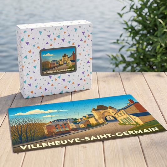Puzzle souvenir de la ville de Villeneuve-Saint-Germain avec une illustration panoramique d'un village historique.