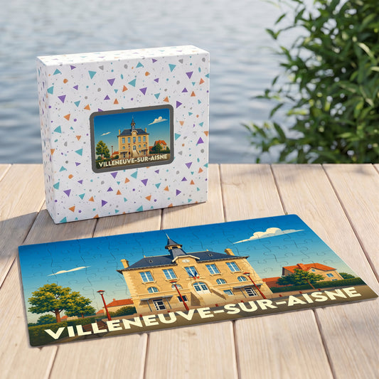 Puzzle souvenir de la commune de Villeneuve-sur-Aisne avec son illustration stylisée et sa boîte assortie.