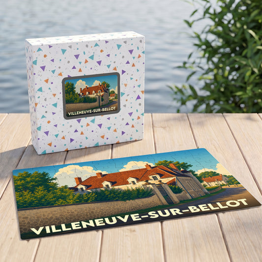 Puzzle souvenir de la ville de Villeneuve-sur-Bellot avec une illustration stylisée de ses maisons traditionnelles.