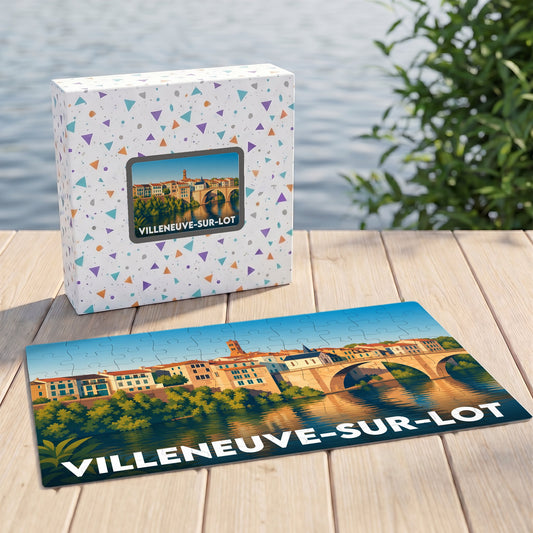 Puzzle souvenir de la ville de Villeneuve-sur-Lot avec une illustration stylisée de son pont et de ses quais.