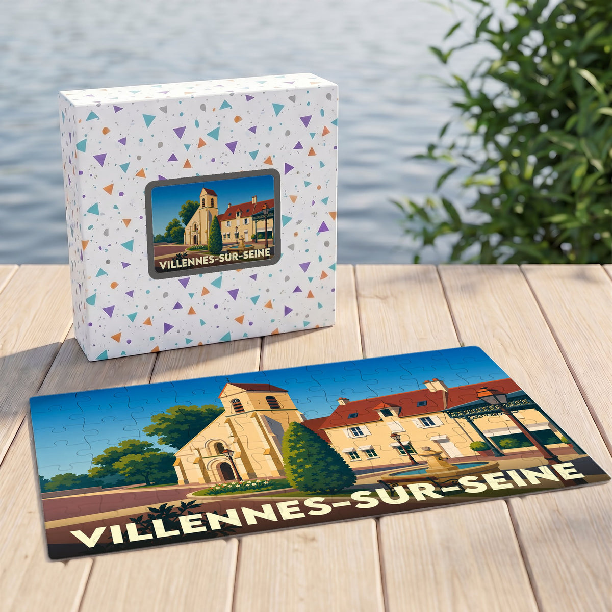 Puzzle souvenir de la ville de Villennes-sur-Seine avec une illustration stylisée et colorée.