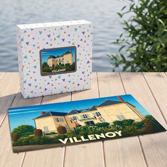Puzzle souvenir de la ville de Villenoy avec une illustration stylisée de sa mairie.