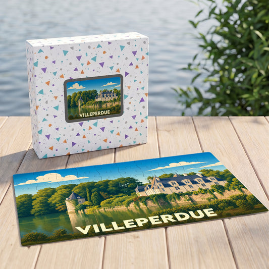 Puzzle souvenir de la ville de Villeperdue illustrant un château au bord de l'eau.