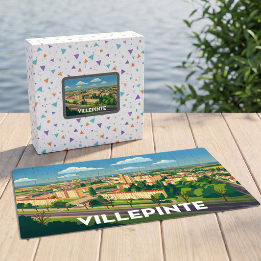 Puzzle souvenir de la ville de Villepinte avec une illustration panoramique stylisée.