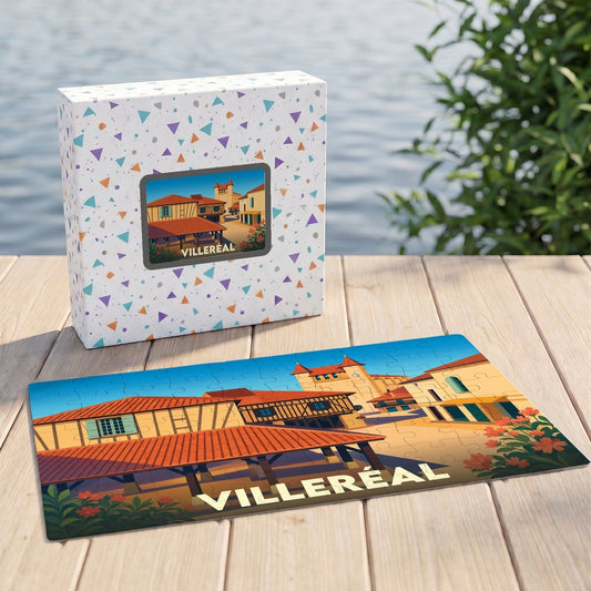 Puzzle souvenir de la ville de Villeréal avec une illustration stylisée et sa boîte assortie.