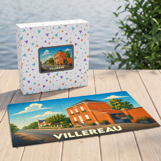 Puzzle souvenir de la ville de Villereau illustrant un bâtiment typique sous un ciel ensoleillé.