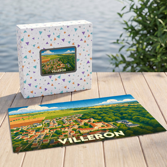 Puzzle souvenir de la ville de Villeron avec une illustration stylisée d'une vue aérienne.
