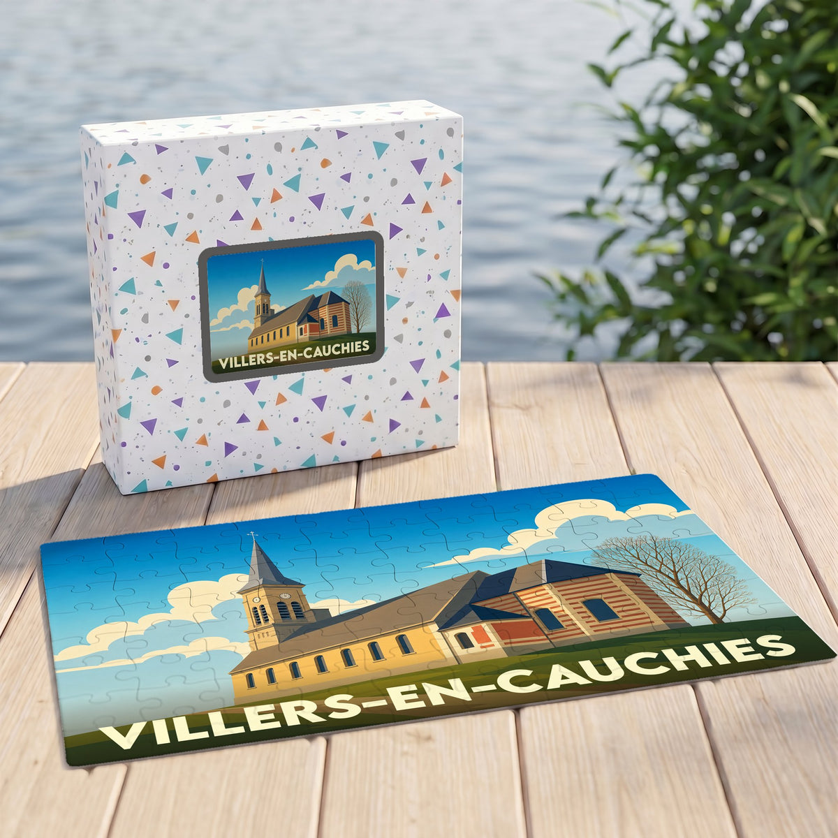 Puzzle souvenir de la ville de Villers-en-Cauchies avec une illustration stylisée de son église.