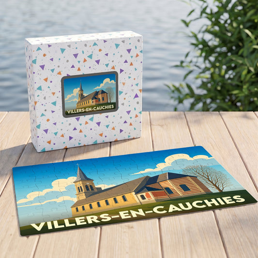 Puzzle souvenir de la ville de Villers-en-Cauchies avec une illustration stylisée de son église.