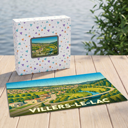Puzzle souvenir de la ville de Villers-le-Lac avec une illustration paysagère colorée et stylisée.