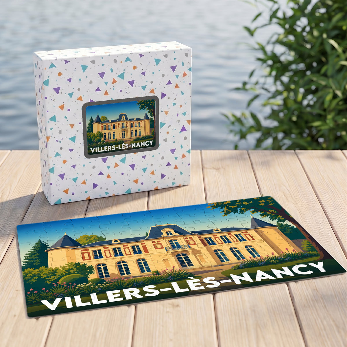Puzzle souvenir de la ville de Villers-lès-Nancy illustré d'un château avec une esthétique de style affiche rétro.