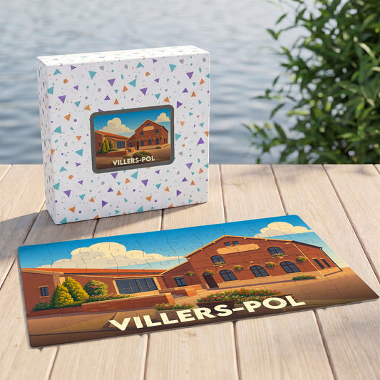 Puzzle souvenir de la ville de Villers-Pol avec une illustration stylisée d'un bâtiment en briques.