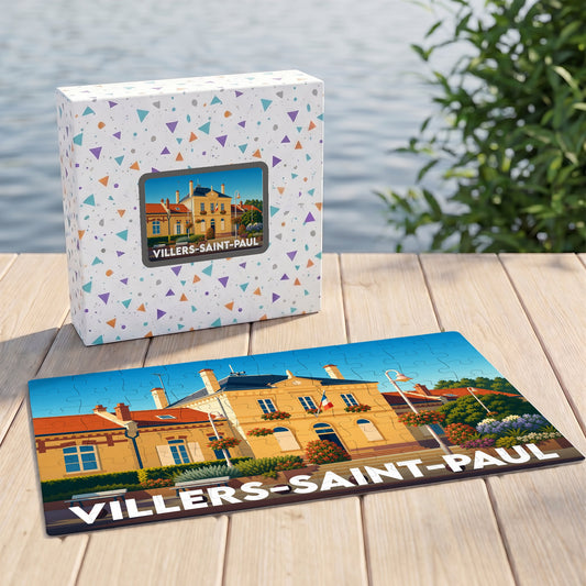 Puzzle souvenir de la ville de Villers-Saint-Paul avec une illustration colorée de son hôtel de ville.