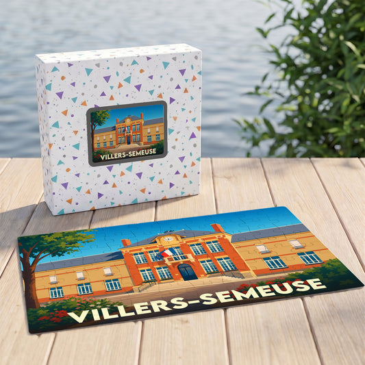 Puzzle souvenir de la ville de Villers-Semeuse avec une illustration stylisée de sa mairie.
