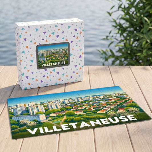Puzzle souvenir de la ville de Villetaneuse avec une illustration panoramique stylisée.