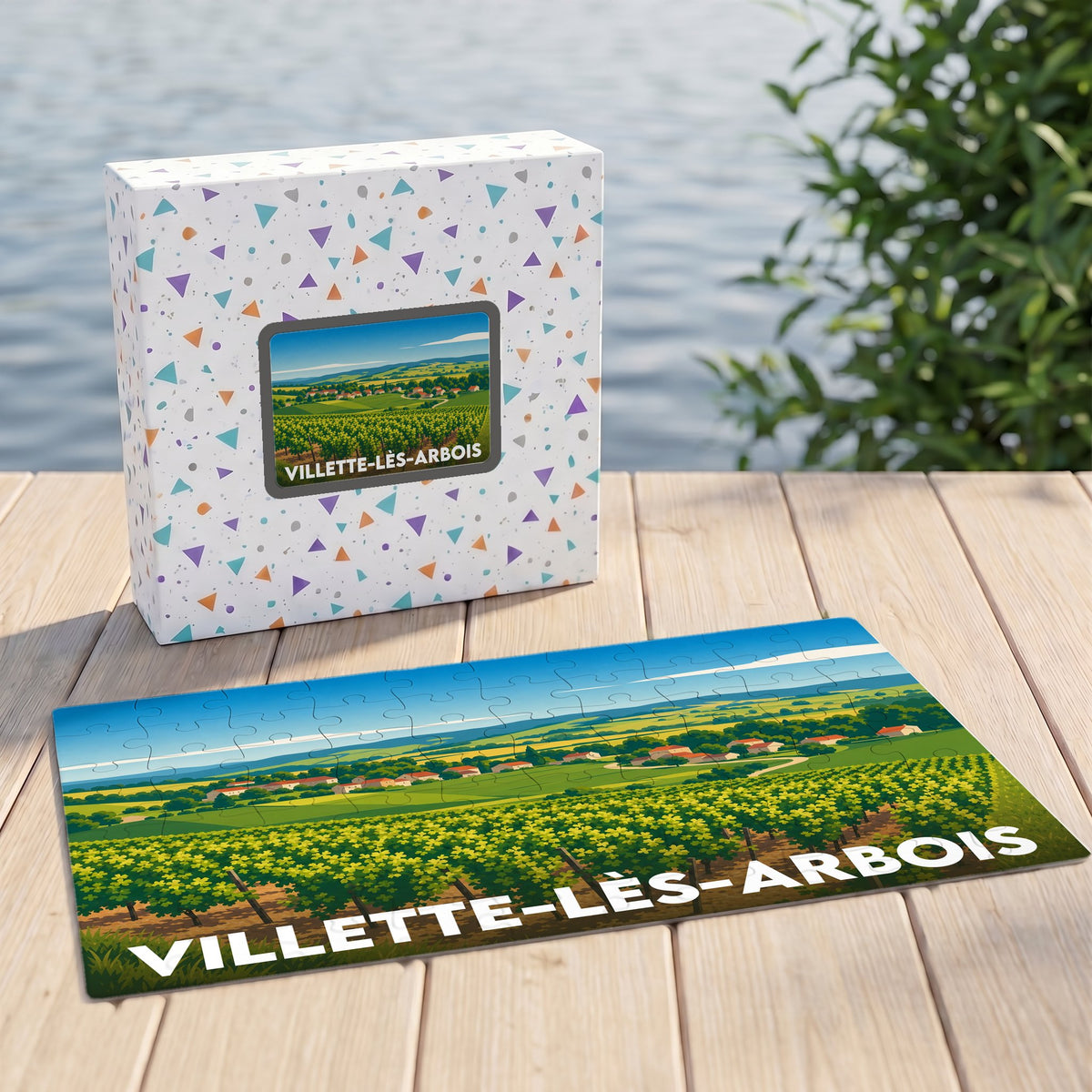 Puzzle souvenir de la ville de Villette-lès-Arbois avec une illustration stylisée de ses vignobles.