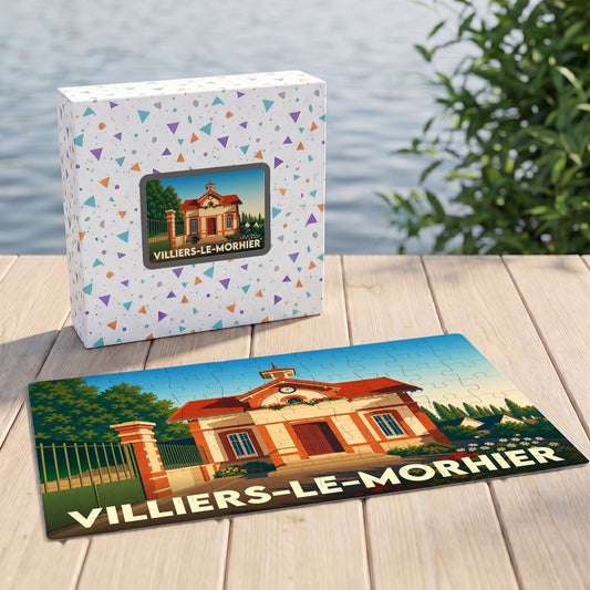 Puzzle souvenir de la ville de Villiers-le-Morhier avec une illustration stylisée de sa mairie.