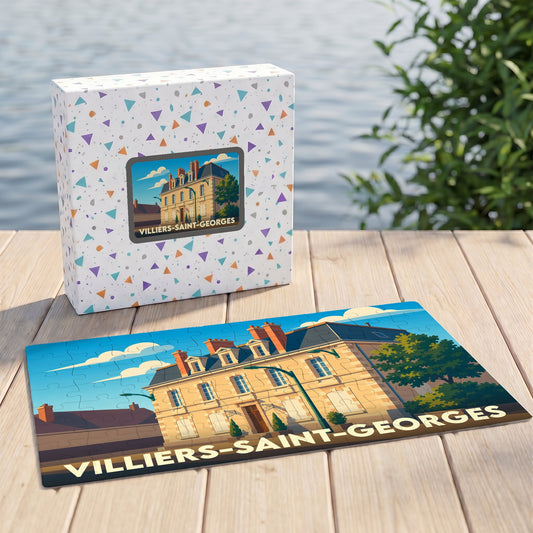 Puzzle souvenir de la ville de Villiers-Saint-Georges avec une illustration stylisée d'un bâtiment historique.