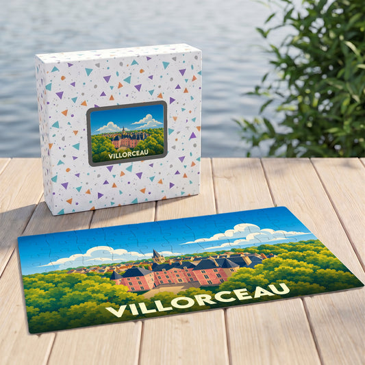 Puzzle souvenir de la ville de Villorceau avec une illustration stylisée d'un château entouré de verdure.