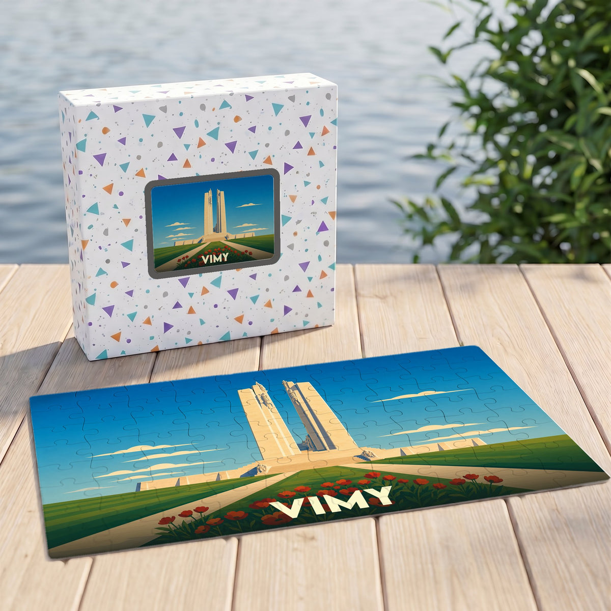 Puzzle souvenir de la ville de Vimy avec une illustration stylisée du mémorial national du Canada.