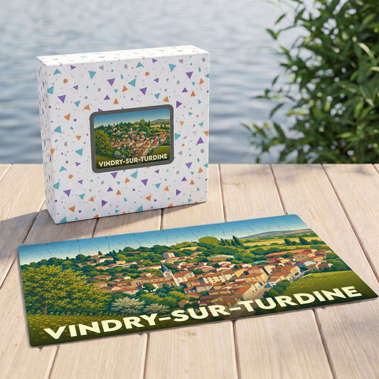 Puzzle souvenir de la ville de Vindry-sur-Turdine avec une illustration stylisée d'un paysage urbain.