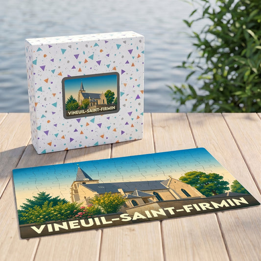 Puzzle souvenir de la ville de Vineuil-Saint-Firmin avec une illustration stylisée de son église.