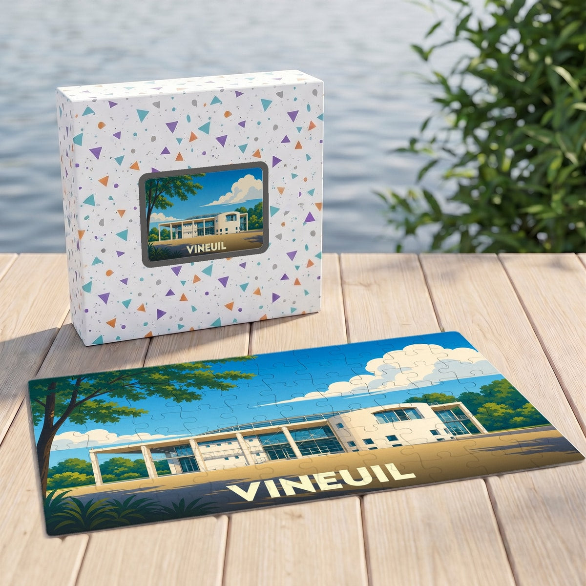 Puzzle souvenir de la ville de Vineuil avec une illustration stylisée d'un bâtiment moderne.