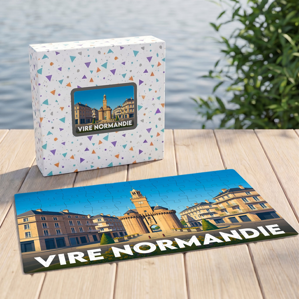 Puzzle souvenir de la ville de Vire Normandie avec une illustration stylisée de la Porte Horloge.