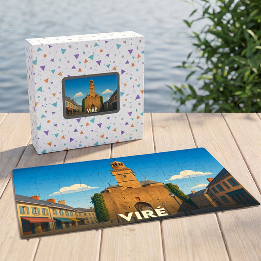Puzzle souvenir de la ville de Viré avec une illustration stylisée de sa porte horloge historique.