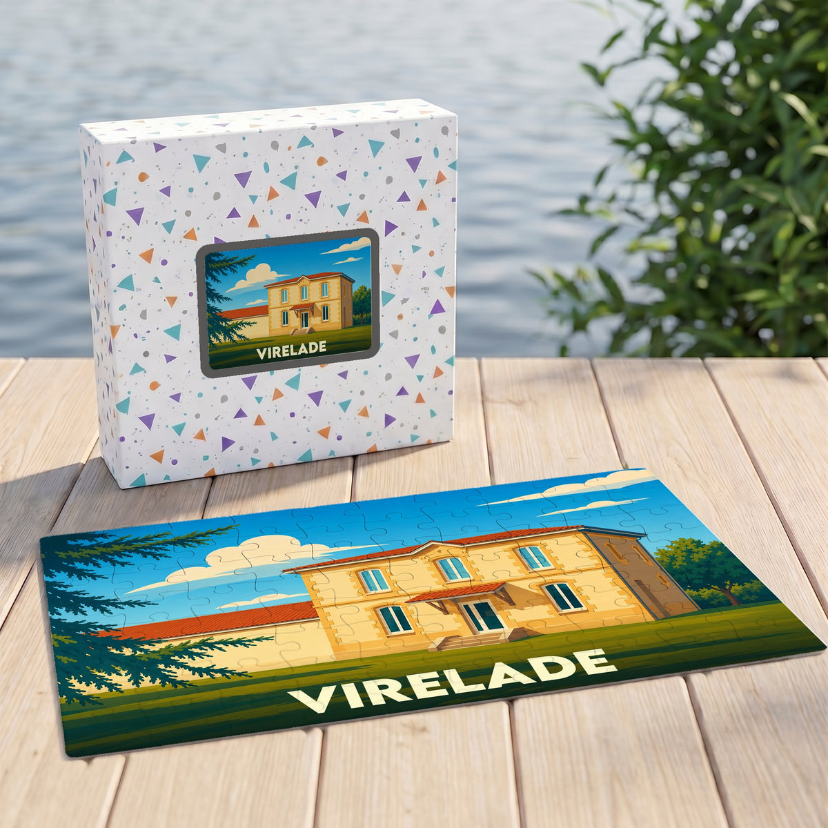 Puzzle souvenir de la ville de Virelade avec une illustration stylisée de son architecture.